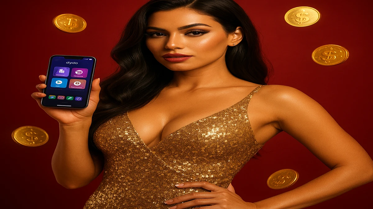 vb8-এ ক্রিপ্টো-গেমিং প্ল্যাটফর্মের গেমগুলো প্রচারের জন্য, একটি সুশ্রী এশীয় মহিলা জ্বলজ্বল করা সোনা-রঙের পোশাক পরা একটি স্মার্টফোন ধরেছেন; সোনালি মুদ্রা বর্ষণ করছে।