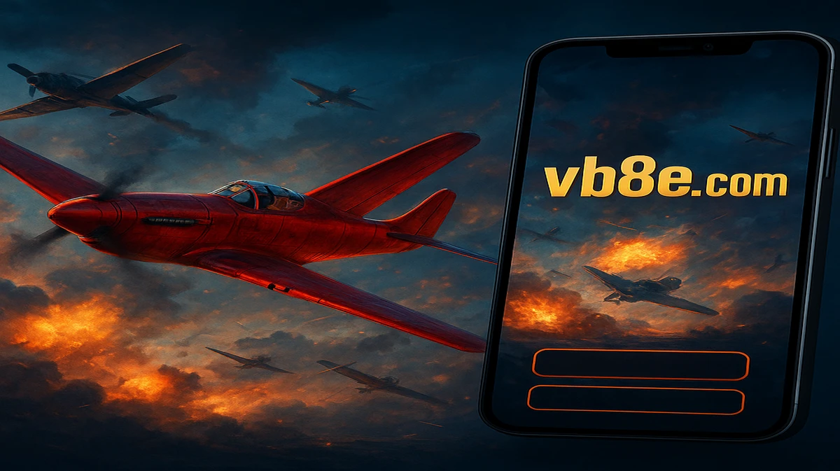 vb8-এ অ্যাভিয়েটর গেমের প্রচারণামূলক ছবি, যেখানে একটি লাল প্রপেলার বিমান বিস্ফোরণময় ভূখণ্ডের ওপর উড়ছে, ডানদিকে মোবাইল গেম ইন্টারফেসটি দেখা যাচ্ছে।