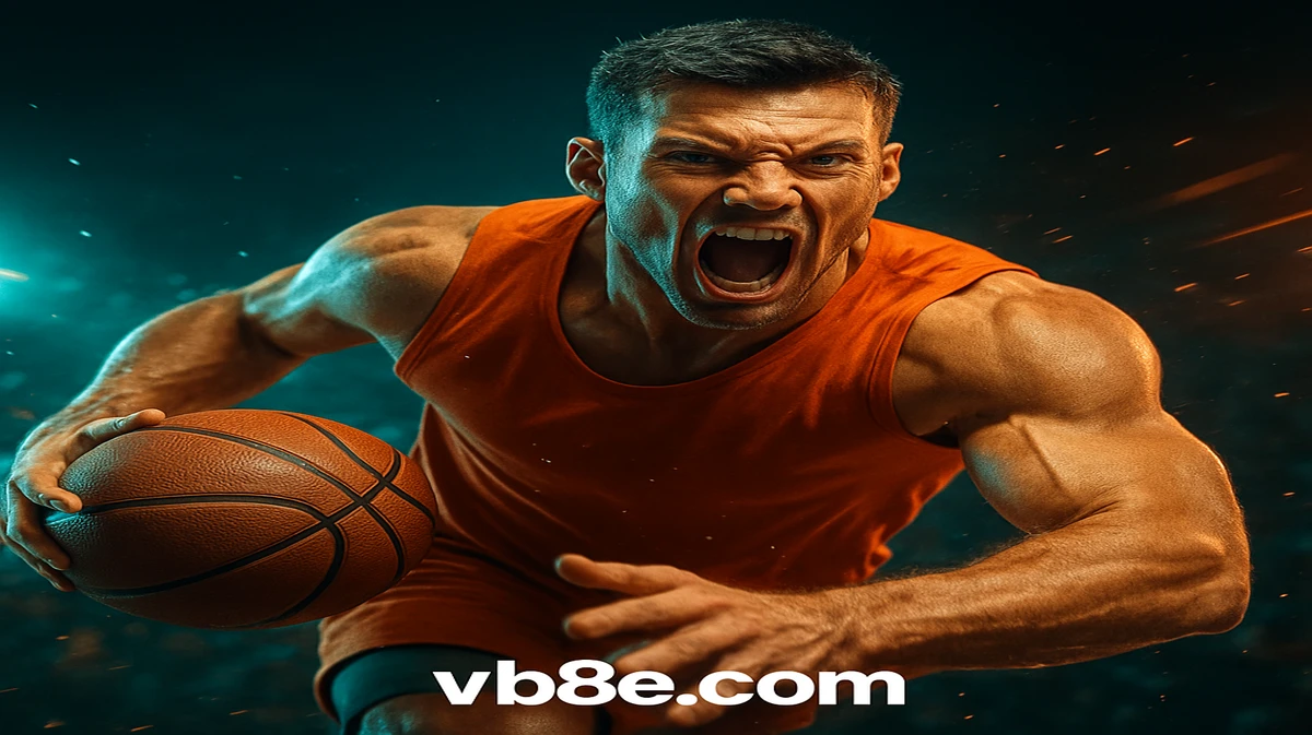 vb8 প্ল্যাটফর্মে স্পোর্টস গেমিং প্রচারের জন্য একটি গতিশীল ছবিতে একজন বাস্কেটবল খেলোয়াড় তীব্র শক্তি দিয়ে ড্রিবল করছেন, চারপাশে জ্বলন্ত কণিকার প্রভাব ছড়িয়ে রয়েছে।