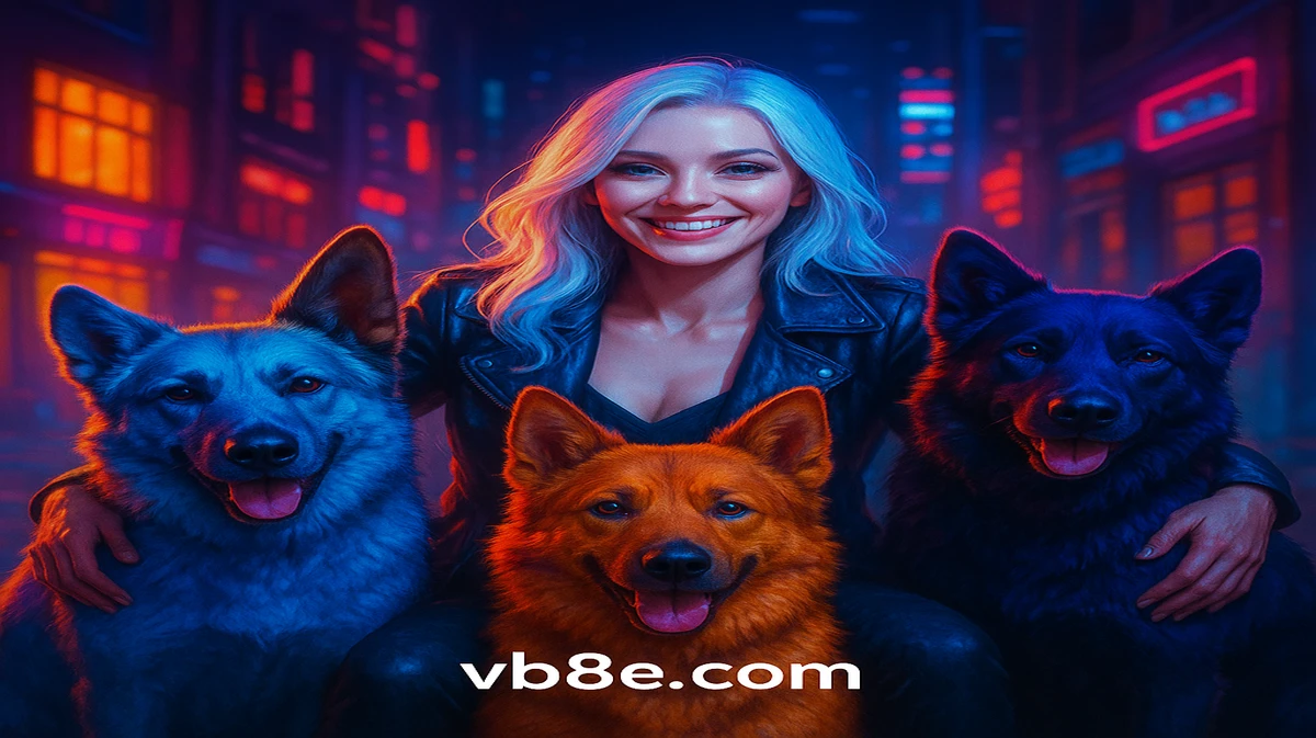 vb8-এ দ্যা হাউস মেগাওয়ে নামে গেমটির প্রচারণামূলক আর্ট, যেখানে বাংলাদেশের রাতের একটি শহরে সাদা চুলের এক নারীর চারপাশে কয়েকটি বড়, দৃঢ়-চোখের কুকুর ঘিরে রয়েছে।