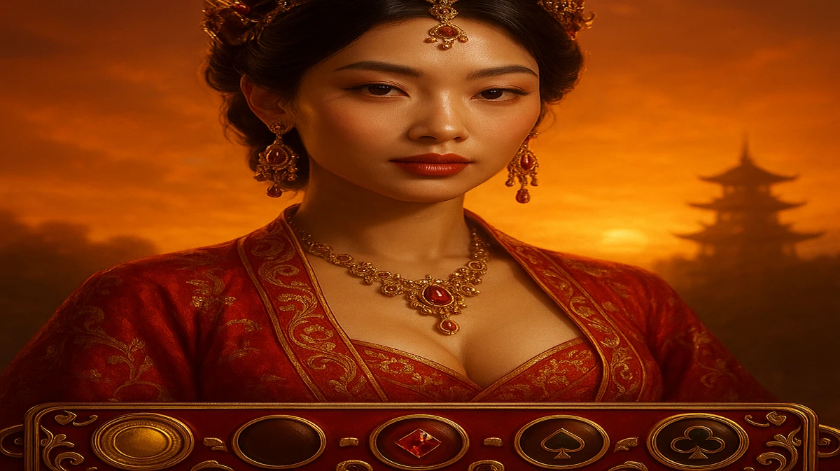 একজন অত্যন্ত সুন্দর এশীয় নারী ঐতিহ্যবাহী পোশাক ও জটিল অলংকার পরে শান্ত মন্দিরের সামনে দাঁড়িয়ে আছেন, vb8 গেমিং প্ল্যাটফর্মটি সামনে দৃশ্যমান।