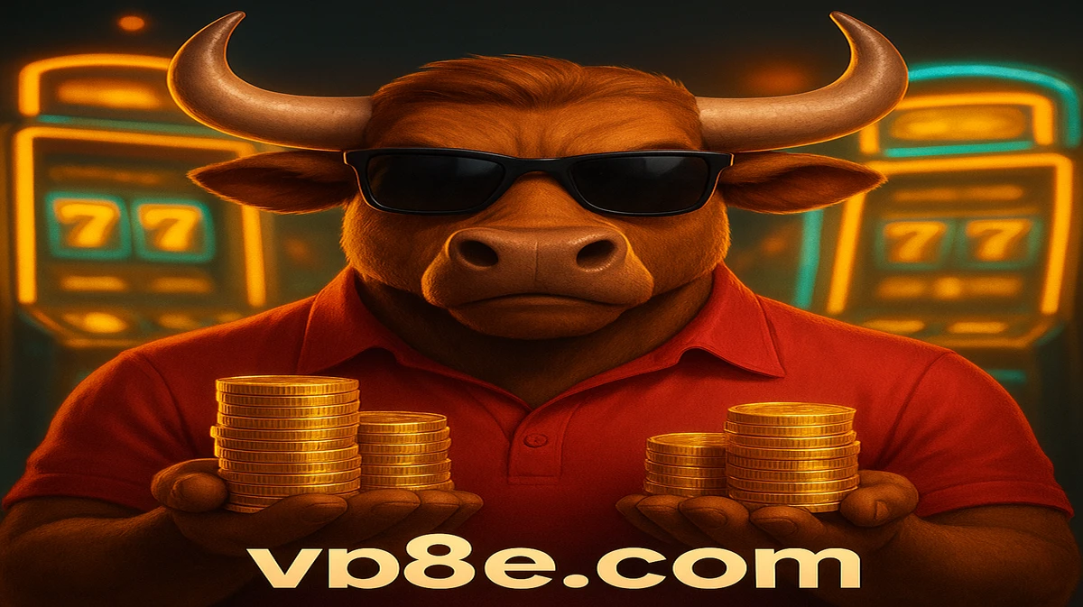 vb8-র ফরচুন অক্স-র শক্তিশালী মুখপাত্র, সানগ্লাস পরা একটি ঠাণ্ডা ষাঁড়, উজ্জ্বল গেমিং প্ল্যাটফর্ম সেটিং‑এ স্বর্ণমুদ্রার স্তূপ রেখে দৃশ্যমান হচ্ছে।