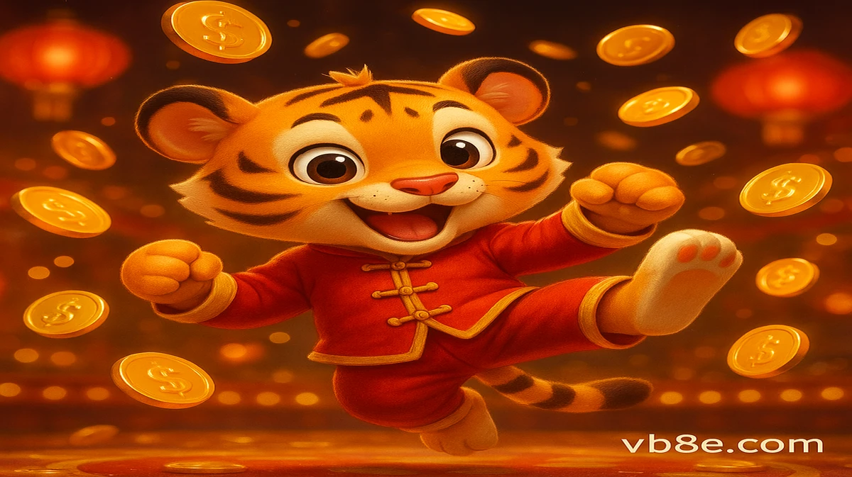 vb8-এ ফরচুন টাইগার-র মিষ্টি কার্টুন মুখপাত্রটি সোনার মুদ্রার ঝড় ও শুভ লাল লণ্ঠনের আলোয় মার্শাল আর্ট-স্টাইলের একটি ভঙ্গিতে দাঁড়িয়ে আছে।